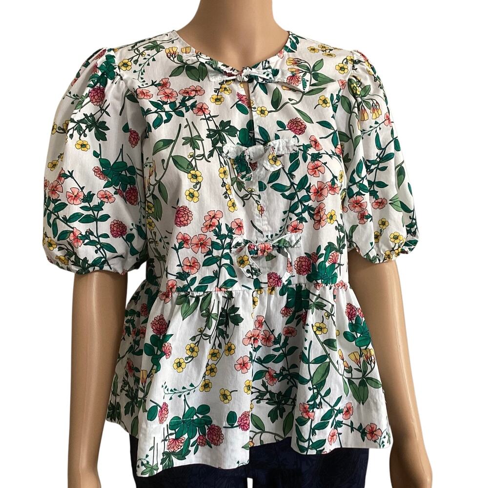 Nautica Jeans Floral Cotton Peplum Top White Puff Sleeve Bow Front Blouse sz S